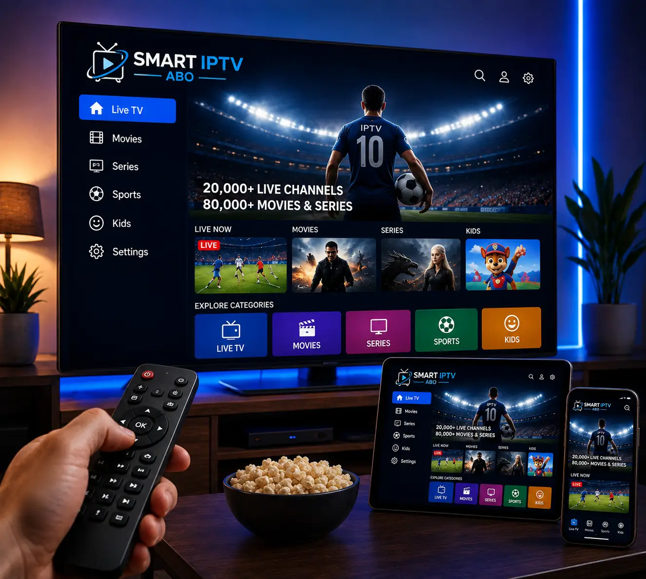 Smart IPTV Abo Streaming-Oberfläche auf TV, Tablet, Laptop und Smartphone im Wohnzimmer