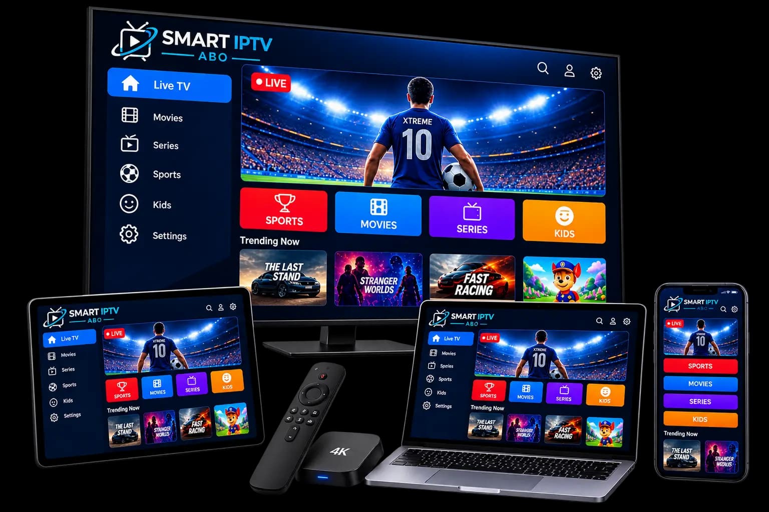 Smart IPTV Abo Streaming-Oberfläche auf TV, Laptop, Tablet und Smartphone